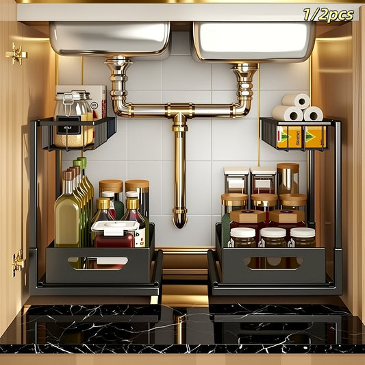 Under Sink Organizer 2 Tier Pull Out Cabinet Storage Organizer with Metal Sliding Drawers Kitchen Bathroom Tabletop Organizer and Storage Rack Accessories