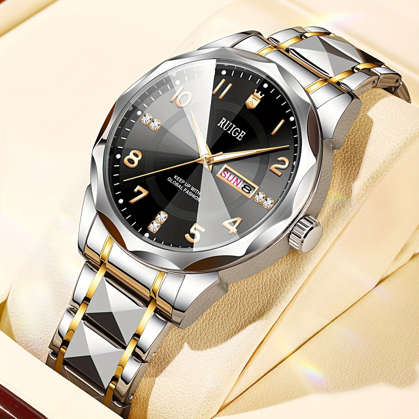 RUIGE Men's Fashion Quartz Watch – Night Light, Dual Calendar, Diamond Shaped Mirror Dial, Stainless Steel Case, Alloy Strap, Business Casual Wristwatch, Perfect Father's Day Gift for Men