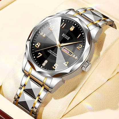 RUIGE Men's Fashion Quartz Watch – Night Light, Dual Calendar, Diamond Shaped Mirror Dial, Stainless Steel Case, Alloy Strap, Business Casual Wristwatch, Perfect Father's Day Gift for Men