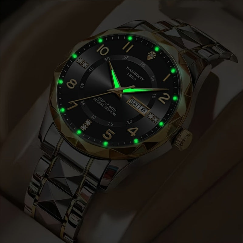 Stainless Steel Quartz Watch for Men & Women - Rhinestone Round Dial Luminous Display, Fully Automatic Multifunctional IPX7 Waterproof Wristwatch for Casual Sports, Holiday Birthday Gift