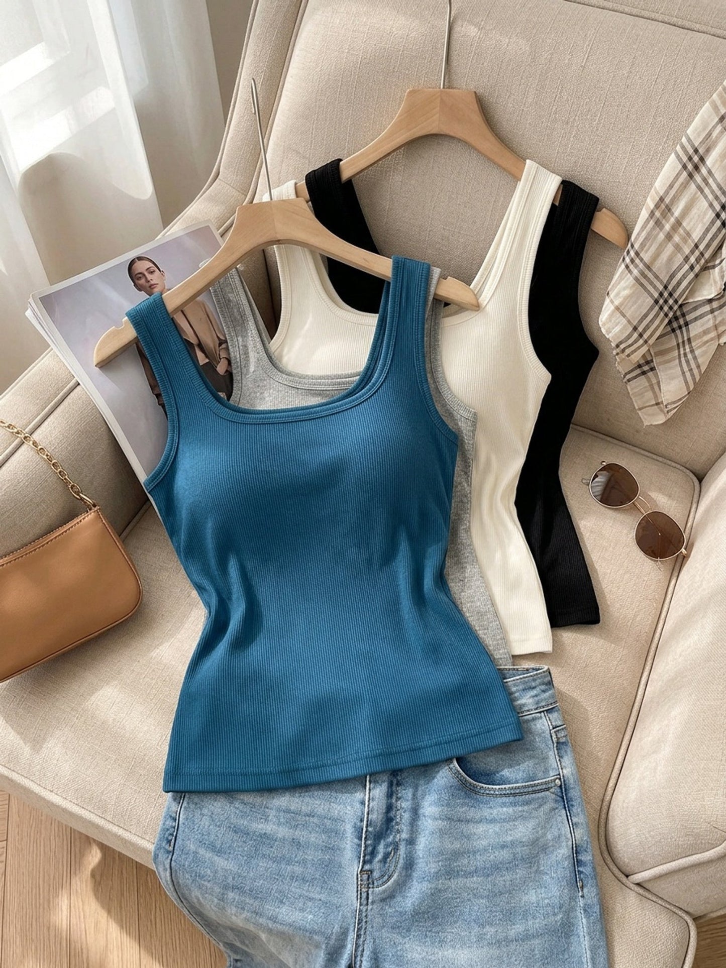 Women's Ribbed Tank Top 4-Pack – Fitted Sleeveless Crew Neck Pullover Vest in Solid Colors, High Stretch Fabric for Layering, Casual & Everyday Wear, Spring Summer Fall, Sizes S to XXL