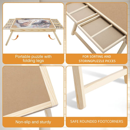 Wooden Puzzle Table with Folding Legs – 4 Drawers & 16 Sorting Grids for 1000 Piece Puzzles | Portable Puzzle Board for Storage & Organization, Home & School Supplies