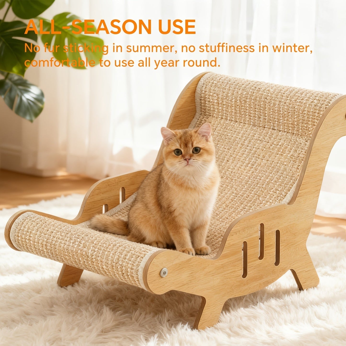 Elevated Cat Lounger Chair with Sisal Scratching Pad – Cat Hammock Bed, Beach Chair Style Indoor Nap Lounge Furniture for Cats, Cozy Elevated Cat Bed