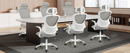 Ergonomic High Back Mesh Office Chair with Adjustable Headrest, Lumbar Support & Flip-Up Armrests – Stainless Steel Frame, Padded Seat, 5-Wheel Rolling Base – Home Office, Lab & Desk Chair (Black/Gray)