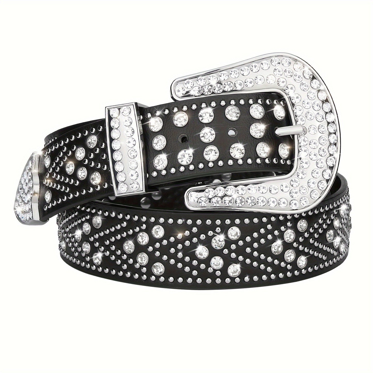 Studded Rhinestone Belt for Men & Women – Bling Y2K Western Cowboy Cowgirl Faux Leather Belt with Gold Metal Buckle, Punk Style, Sizes 28–44