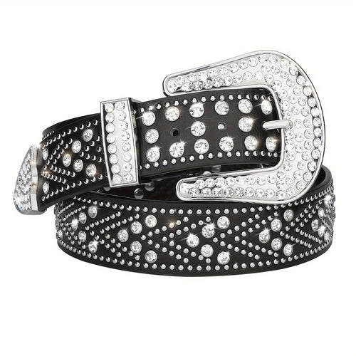 Studded Rhinestone Belt for Men & Women – Bling Y2K Western Cowboy Cowgirl Faux Leather Belt with Gold Metal Buckle, Punk Style, Sizes 28–44