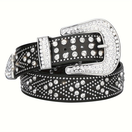 Studded Rhinestone Belt for Men & Women – Bling Y2K Western Cowboy Cowgirl Faux Leather Belt with Gold Metal Buckle, Punk Style, Sizes 28–44