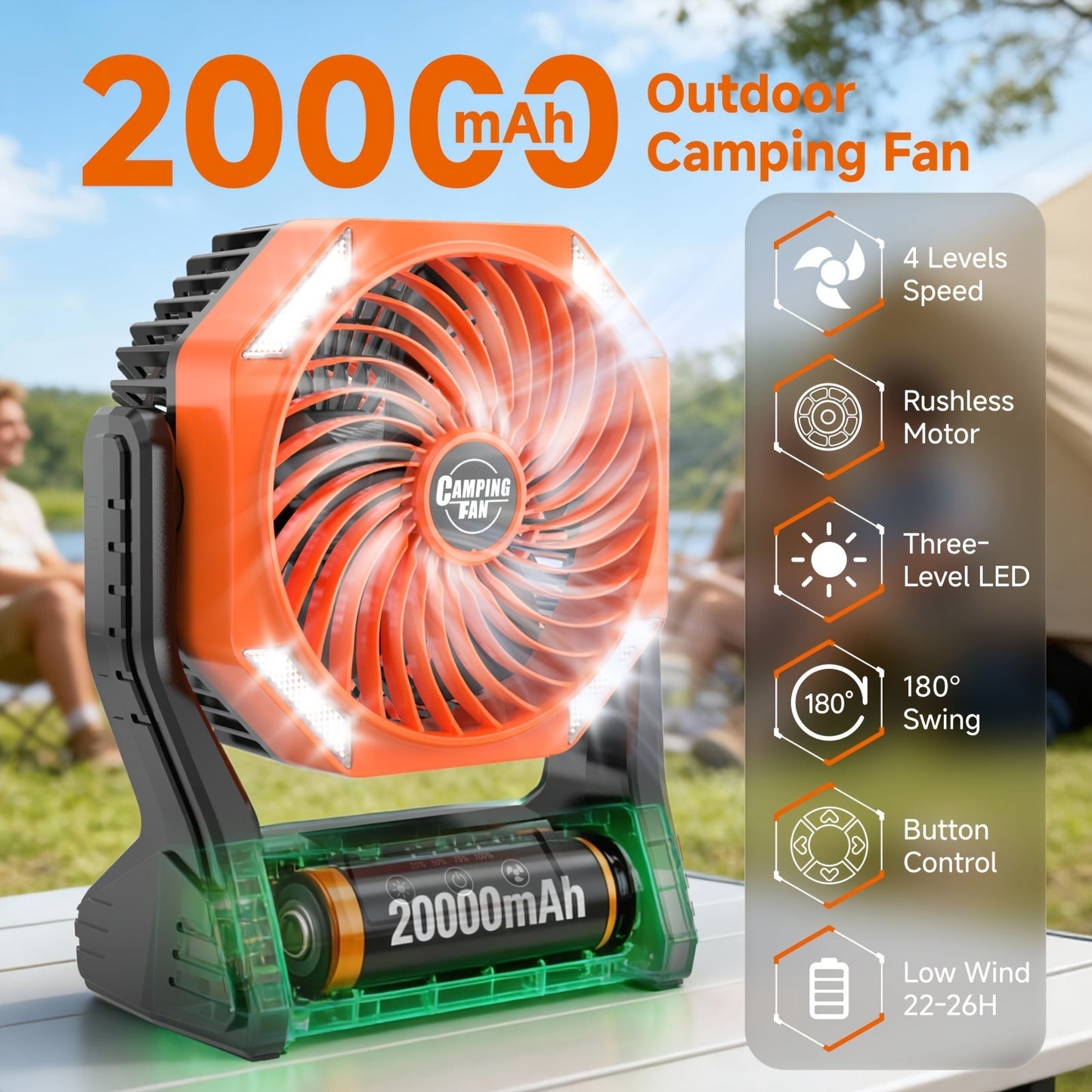 20000mAh Camping Fan with LED Light – 4 Wind Speeds, Brushless Motor, 180° Oscillation, 22-26H Battery Life, 3-in-1 Portable Outdoor Desk Fan for Camping, Hiking, Picnic & Emergency Use – 6 Colors