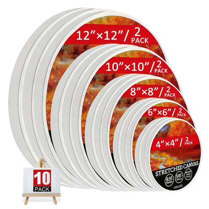 Stretched Canvas Multi-Pack Primed White 100% Cotton – Round Rectangular and Square Sets in 10 15 and 20 Pieces – Artist Canvas Boards for Acrylic Oil Painting Pouring and Mixed Media