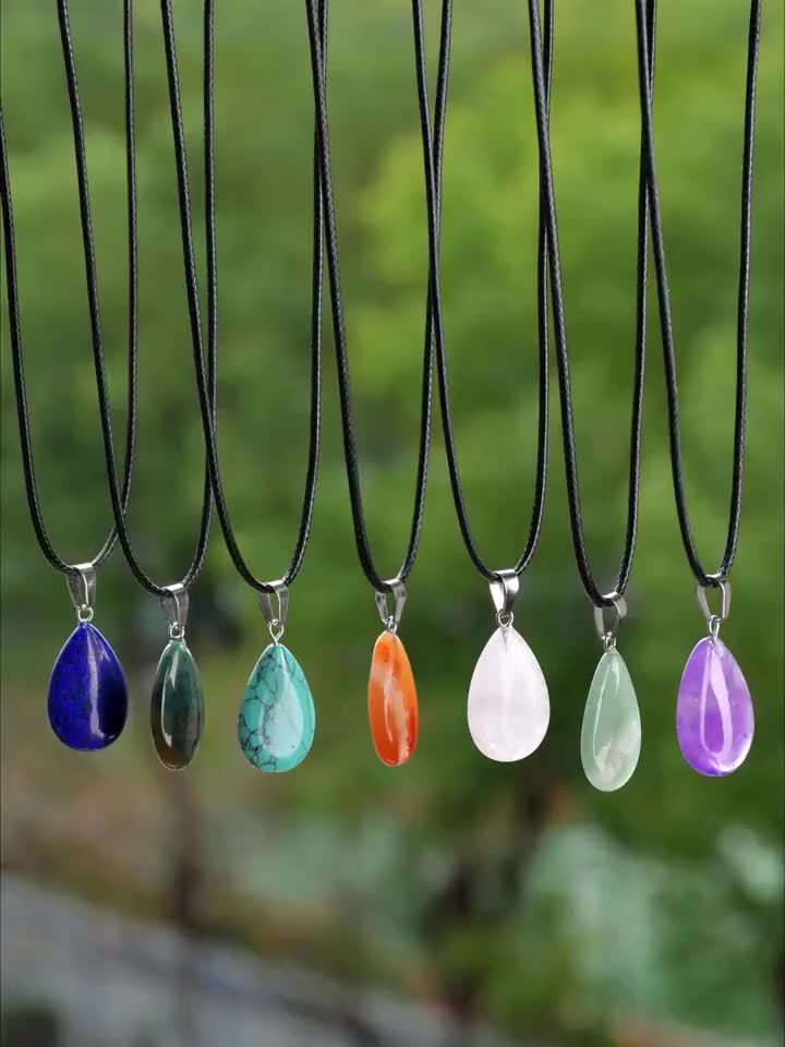 40pcs Natural Crystal Teardrop Pendant Necklace Set – Multi-Color Stone Pendants with Faux Leather Cord, Boho Elegant Jewelry Bulk Pack for Holiday Party DIY Crafts Gift
