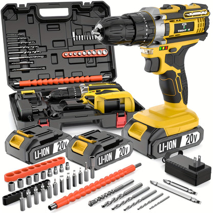 20V Cordless Drill Set with Battery & Fast Charger – Impact Power Drill, 45Nm Torque, 3/8" Keyless Chuck, 18+3 Clutch, 2-Speed, LED Work Light for Home & DIY
