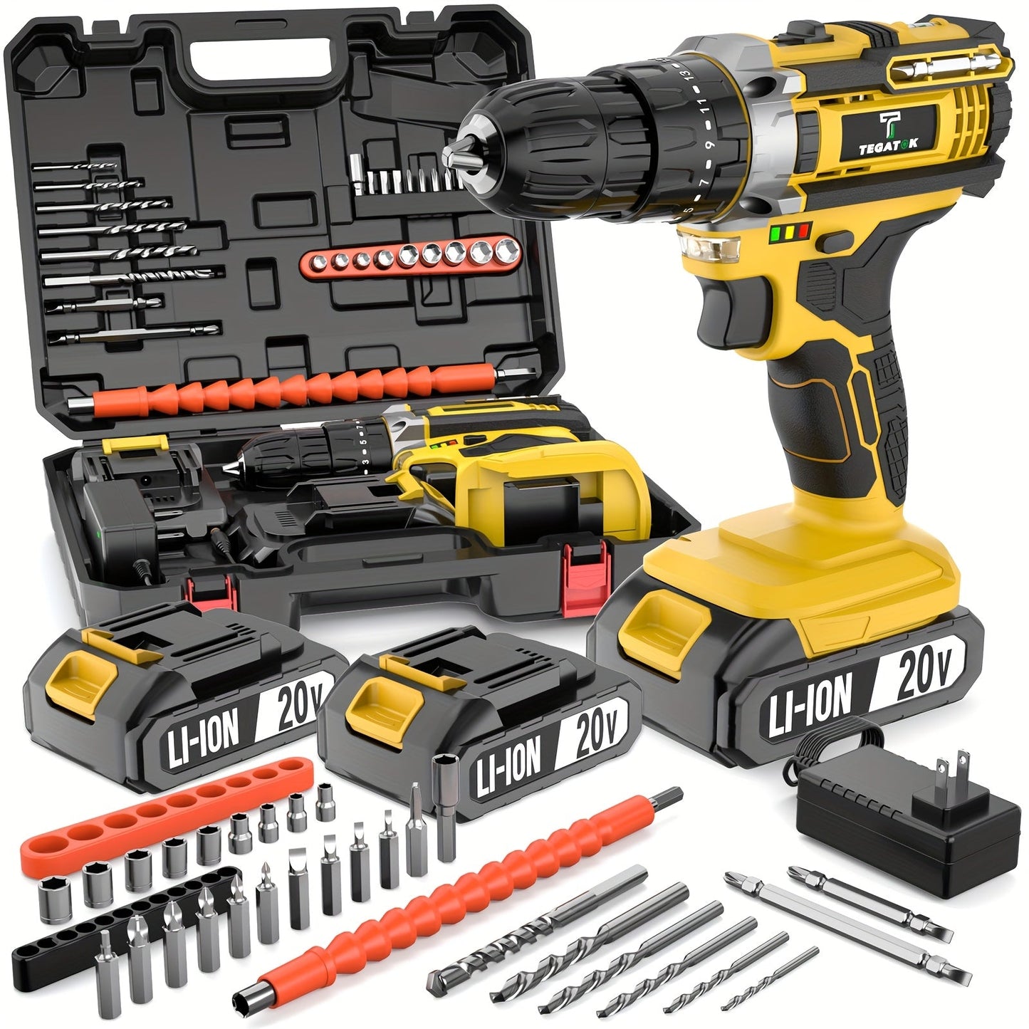 20V Cordless Drill Set with Battery & Fast Charger – Impact Power Drill, 45Nm Torque, 3/8" Keyless Chuck, 18+3 Clutch, 2-Speed, LED Work Light for Home & DIY