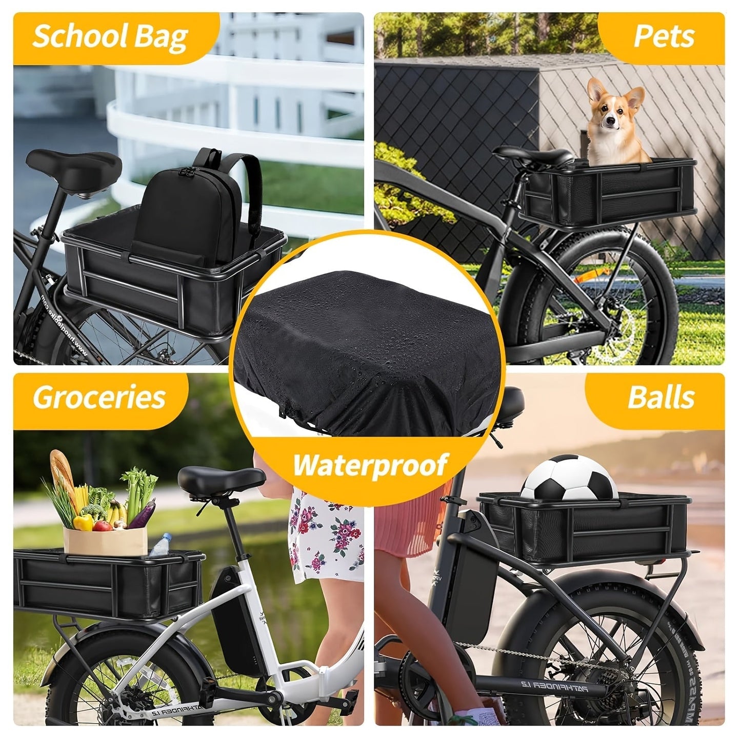 Heavy-Duty Iron Bike Basket – Large, Folding & Basic Removable Rear Bicycle Basket for Most Bikes & E-Bikes, Frame Mount, Black – for Groceries, Pets & Daily Commuting