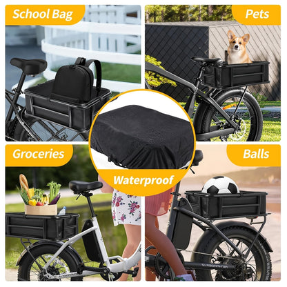 Heavy-Duty Iron Bike Basket – Large, Folding & Basic Removable Rear Bicycle Basket for Most Bikes & E-Bikes, Frame Mount, Black – for Groceries, Pets & Daily Commuting