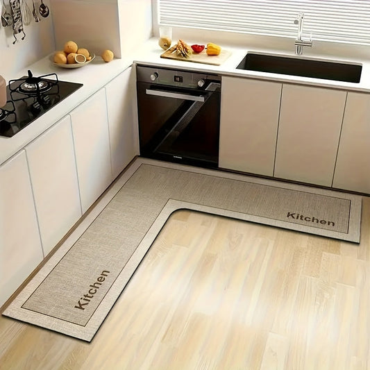 Kitchen Mat Non-Slip Microfiber Rug – Anti-Fatigue Machine Washable Kitchen Floor Mat with "Kitchen" Text, Soft Cushioned Standing Mat for Kitchen, Entryway & Dining Room, Camel & Dark Gray