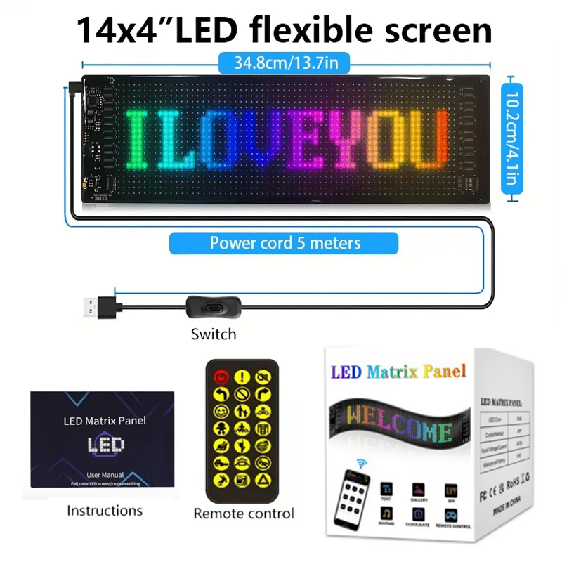 LED Scrolling Sign App Programmable – Animated Text Display Board, USB Powered, Car Charger Included, Multiple Sizes, Perfect for Bar, Party, Car, Christmas, New Year & Birthday Decorations