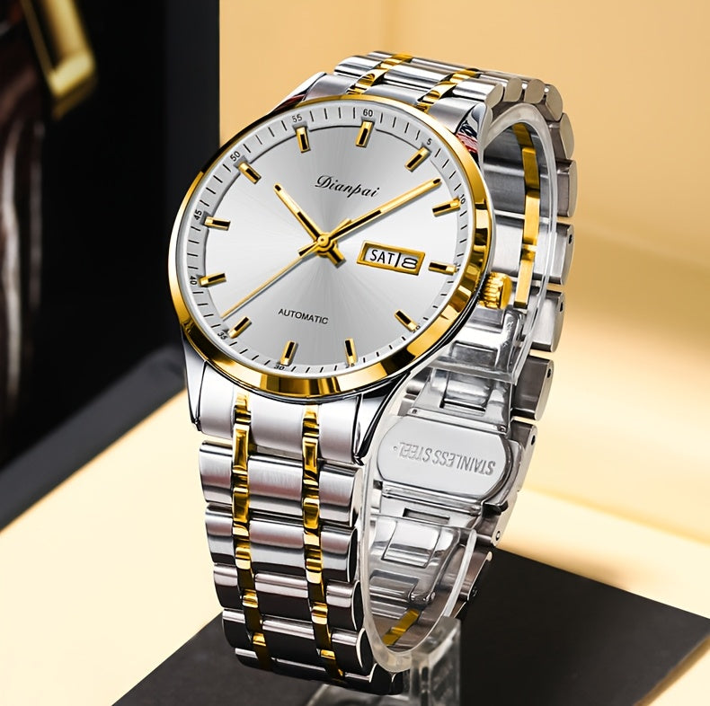 Men's Automatic Self-Winding Mechanical Watch – Slim Stainless Steel Band, Luminous Hands, Calendar Display, No Battery Needed – Luxury Business Dress Watch Gift
