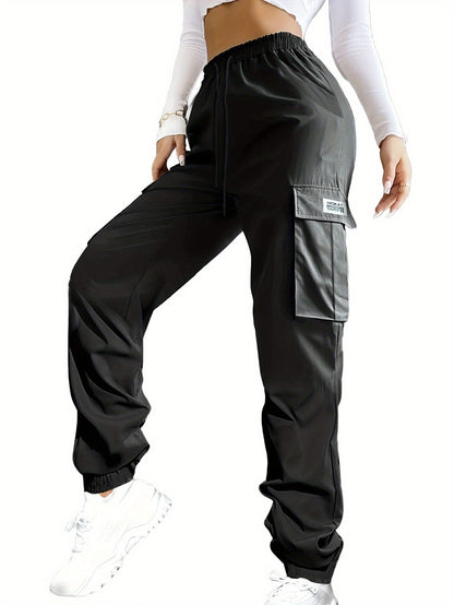 Women's Cargo Pants with Zippered Pockets – Elastic Drawstring Waist Large Pocket Casual Outdoor Trousers Black Grey Green Blue XS-XXL