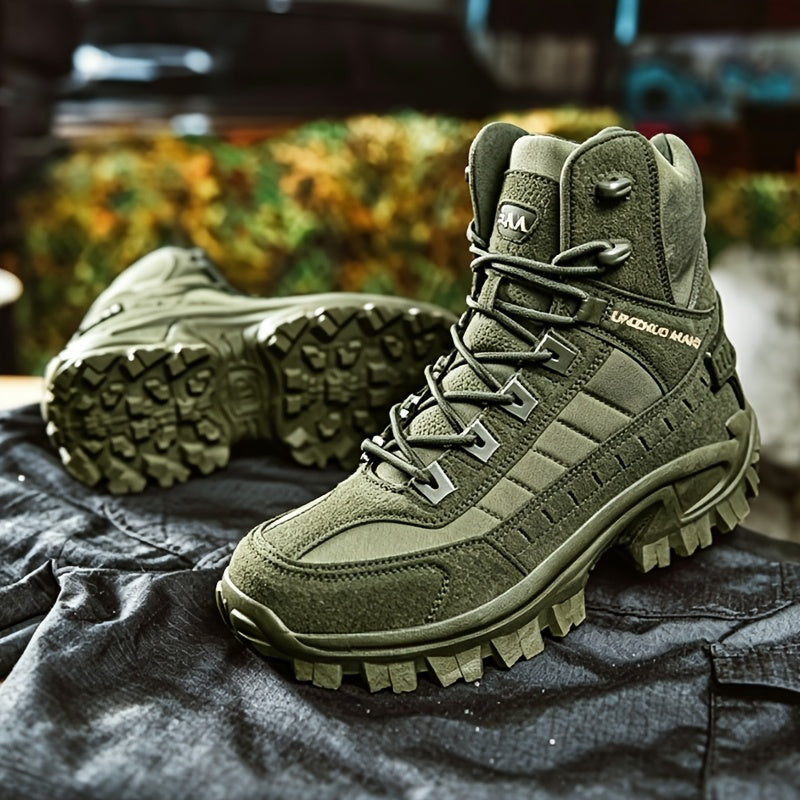 Men's Lightweight High-Top Tactical Hiking Boots – Slip-Resistant Durable Outdoor Boots for Jungle Hiking, Hunting & Adventure Travel, All-Season, Army Green Dark Brown Sand, US 6.5-12