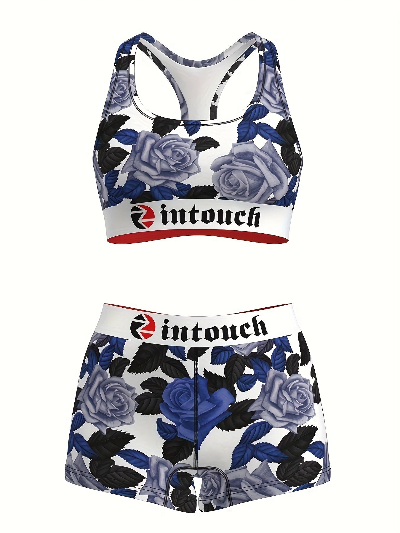 Women's Blue Rose Floral Print Sports Bra & Shorts Set 2-Piece – Stretchy Activewear Gym Yoga Running Fitness Outfit Matching Loungewear for Teens Summer Festival Vintage Style