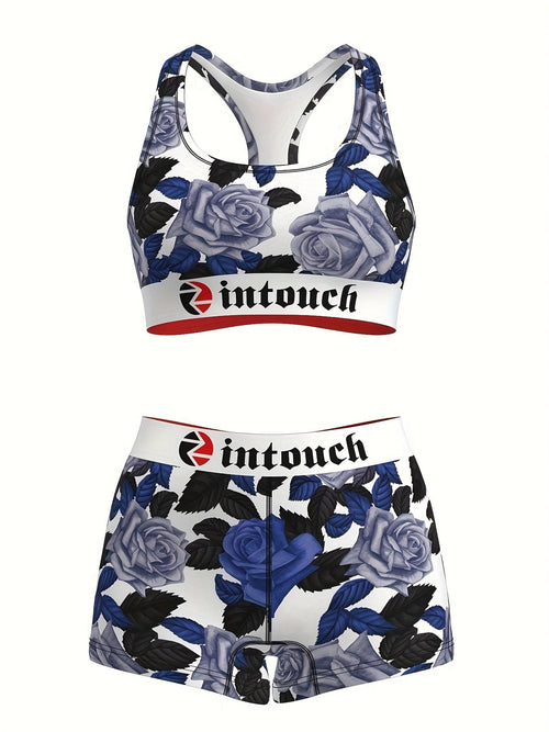 Women's Blue Rose Floral Print Sports Bra & Shorts Set 2-Piece – Stretchy Activewear Gym Yoga Running Fitness Outfit Matching Loungewear for Teens Summer Festival Vintage Style