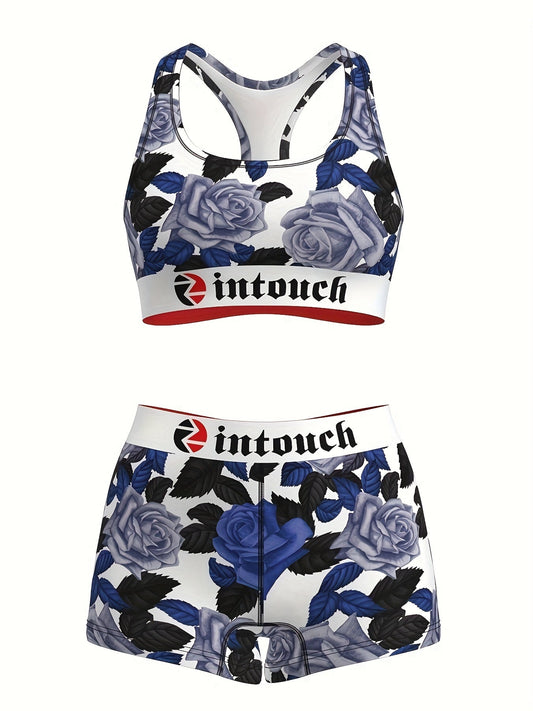 Women's Blue Rose Floral Print Sports Bra & Shorts Set 2-Piece – Stretchy Activewear Gym Yoga Running Fitness Outfit Matching Loungewear for Teens Summer Festival Vintage Style