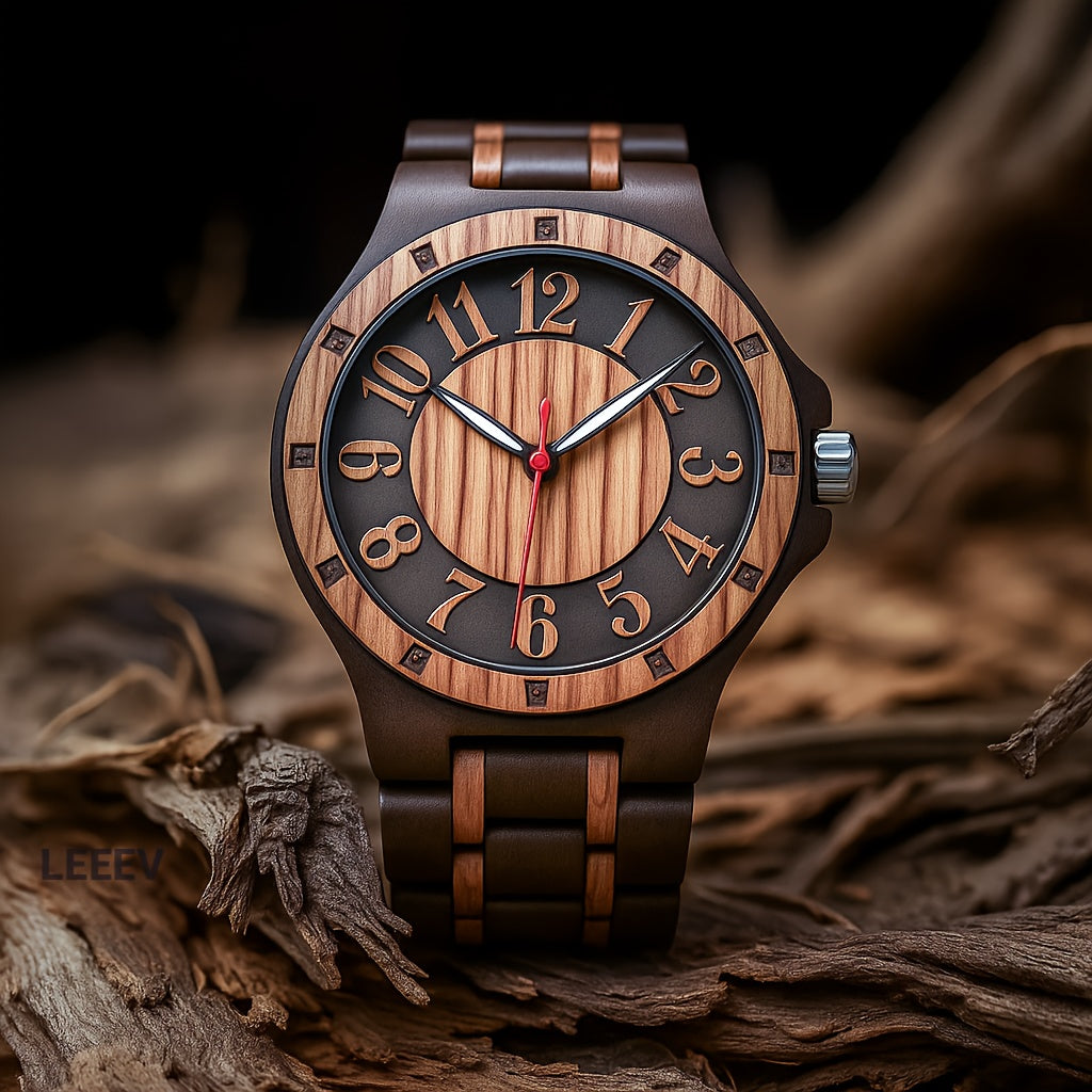 Natural Wood Watch for Men – Hollow Arabic Dial Quartz Wooden Timepiece, Handcrafted Unique Grain Wristwatch, Perfect Gift for Men, Boys, Fathers & Sons on Birthday or Father's Day