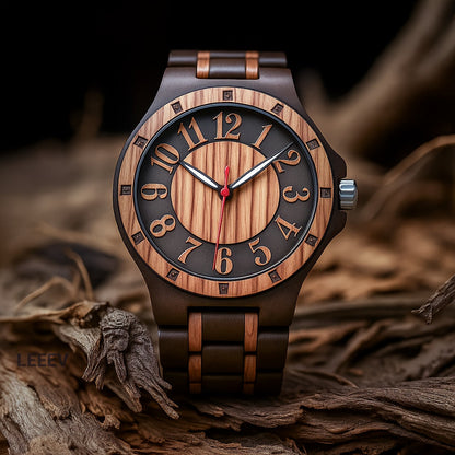 Natural Wood Watch for Men – Hollow Arabic Dial Quartz Wooden Timepiece, Handcrafted Unique Grain Wristwatch, Perfect Gift for Men, Boys, Fathers & Sons on Birthday or Father's Day