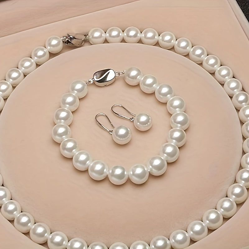Freshwater Pearl Jewelry Set for Women - 925 Sterling Silver Cultured Pearl Necklace Bracelet & Earrings Set, Elegant French-Style Gift for Weddings Banquets Parties & Anniversaries