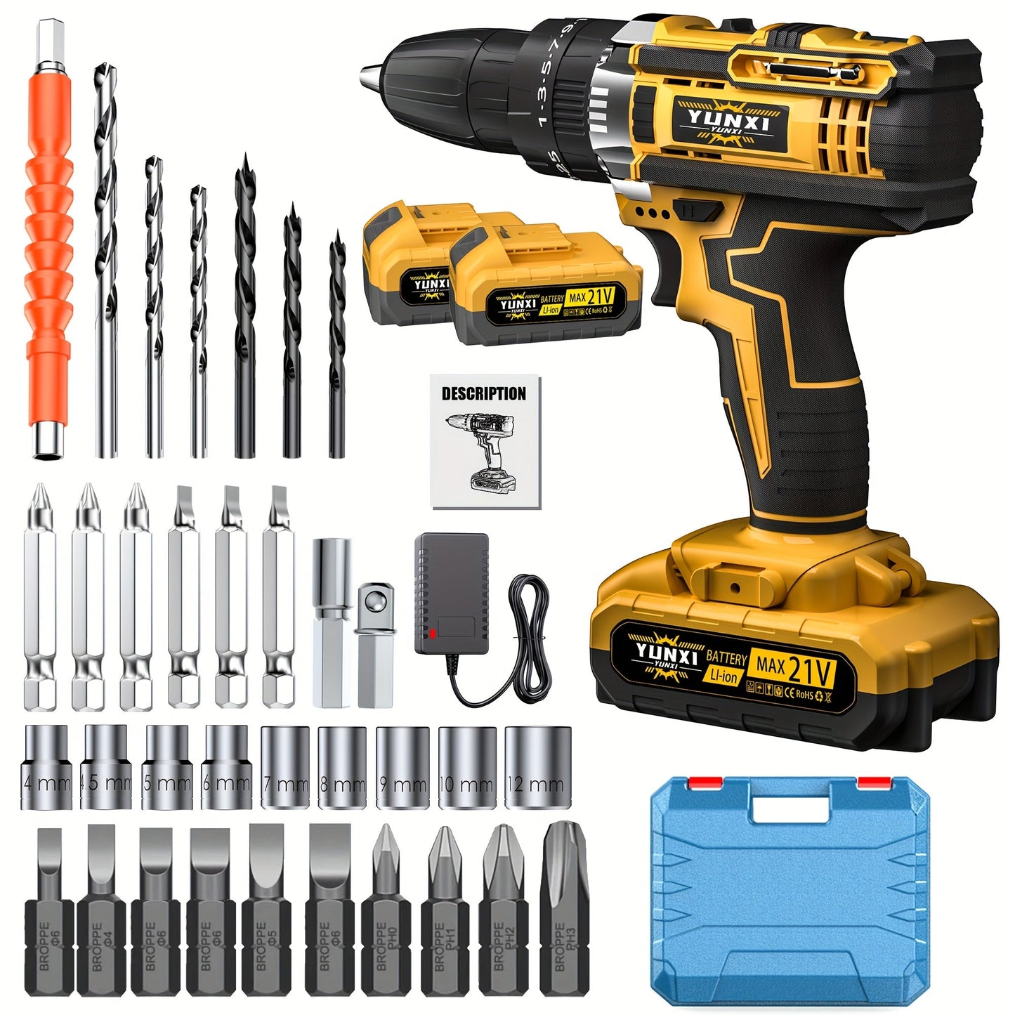 21V Brushless Cordless Impact Wrench & Drill Set – 4000mAh Li-ion Battery, Toolbox, Charger & Socket Accessories for Automotive, Home & Industrial Use