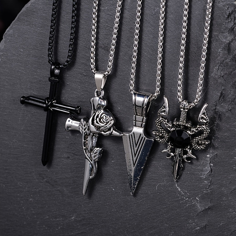 8 Pcs Men's Punk Black Necklace Set – Stainless Steel Cross Pendant Chains, Gothic Streetwear Jewelry, Cool Layering Necklaces for Men, Mixed Style Gift Set