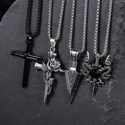 8 Pcs Men's Punk Black Necklace Set – Stainless Steel Cross Pendant Chains, Gothic Streetwear Jewelry, Cool Layering Necklaces for Men, Mixed Style Gift Set