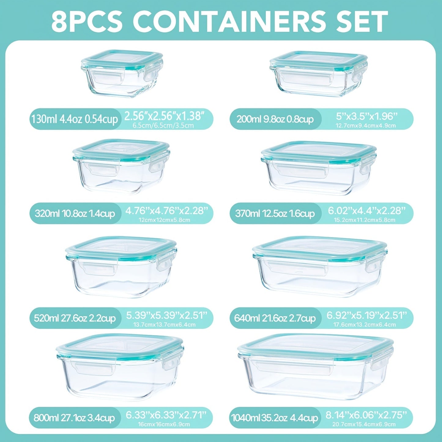 Glass Food Storage Containers Set of 8 with Lids – Borosilicate Leak-Proof Meal Prep Containers, Oven Microwave Dishwasher Safe, Stackable Kitchen Storage for Leftovers & Lunch