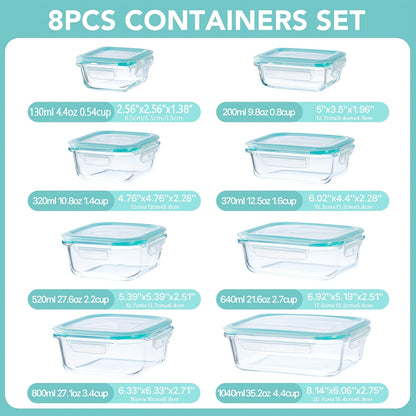 Glass Food Storage Containers Set of 8 with Lids – Borosilicate Leak-Proof Meal Prep Containers, Oven Microwave Dishwasher Safe, Stackable Kitchen Storage for Leftovers & Lunch