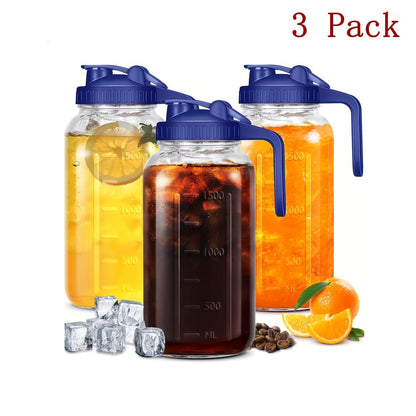 64oz Mason Jar with Handle & Lid – BPA-Free High Borosilicate Glass Beverage Carafe, Leak-Proof, 2/3 Pack, for Sports Outdoor Juice Water Kombucha, Holiday Gift