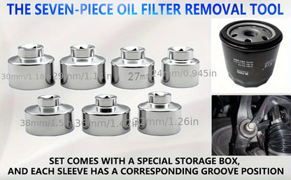 7-Piece Oil Filter Socket Wrench Set 3/8" Drive CR-V Steel 24mm 27mm 29mm 30mm 32mm 36mm 38mm - Universal Oil Filter Removal Tool Kit for Car Oil Changes