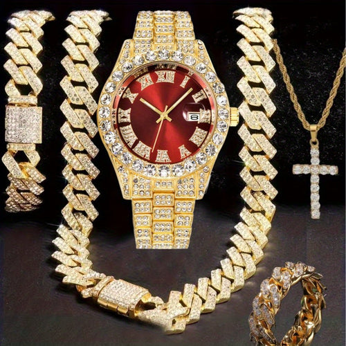 Men's Hip Hop Watch & Jewelry Set - Cuban Chain Pendant Necklace Bracelet Combo, Trendy Bling Accessories for Men, Perfect Gift for Christmas Birthday Valentine's Day Father's Day