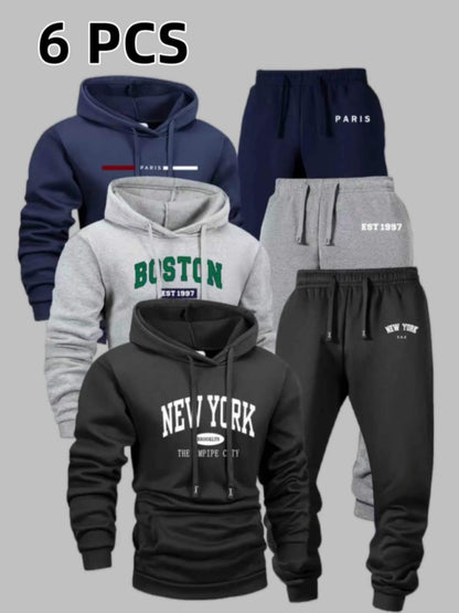 Men's 6-Piece Tracksuit Set Hoodie & Jogger Pants – City Name Print Street Style Sportswear, Soft Warm Fleece for Autumn Winter Jogging Fitness Casual Wear – S to XXL Mixed Colors