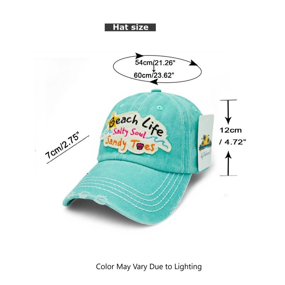 Beach Life Salty Soul Sandy Toes Vintage Distressed Embroidered Baseball Cap – Local Artist Design, 100% Cotton UV Protection Adjustable Coastal Sun Hat, Beach Lover Gift