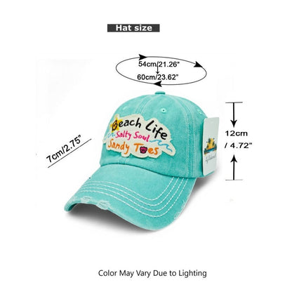 Beach Life Salty Soul Sandy Toes Vintage Distressed Embroidered Baseball Cap – Local Artist Design, 100% Cotton UV Protection Adjustable Coastal Sun Hat, Beach Lover Gift