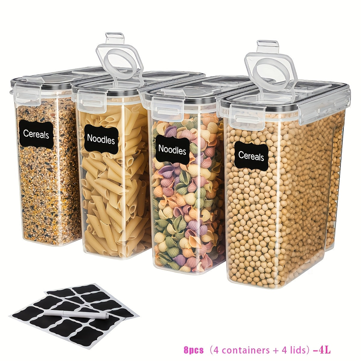 8-Piece Clear Food Storage Containers with Lids (4 Jars + 4 Lids, 1.06 Gal) – Moisture-Proof Airtight Sealed Kitchen Canisters for Cereal, Rice, Coffee Beans, Nuts, Tea, Salt & Spices