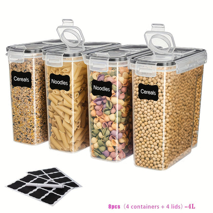 8-Piece Clear Food Storage Containers with Lids (4 Jars + 4 Lids, 1.06 Gal) – Moisture-Proof Airtight Sealed Kitchen Canisters for Cereal, Rice, Coffee Beans, Nuts, Tea, Salt & Spices