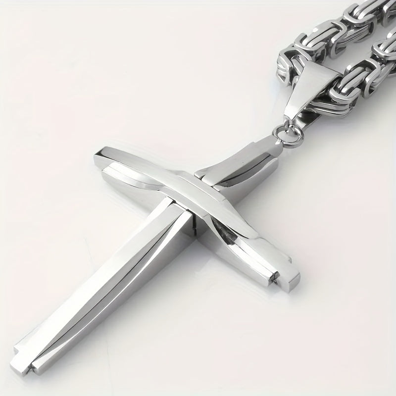 Stainless Steel Cross Necklace and Bracelet Set Unisex Boho Vintage Thickened Silver Jewelry Set for Men and Women Daily Wear Party Gift