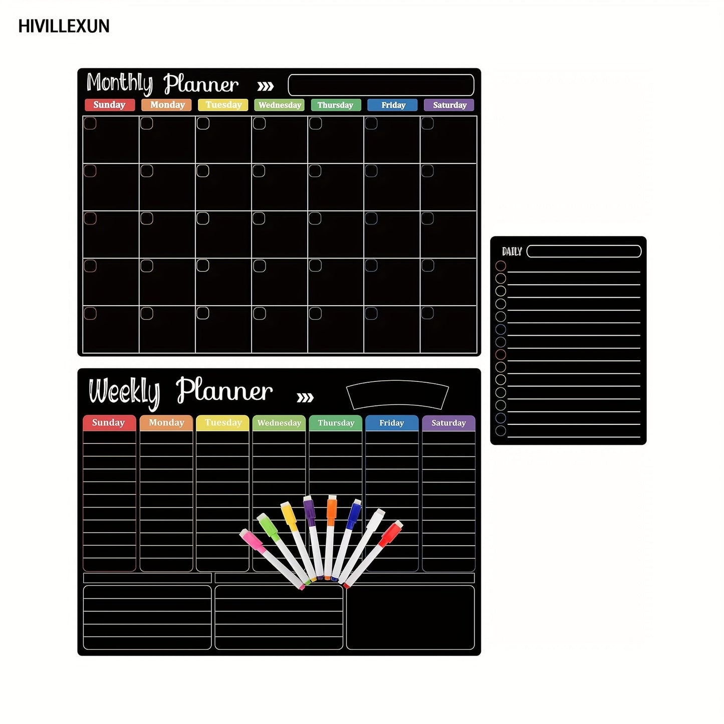 Black Magnetic Dry Erase Board Set 3-Pack – Monthly Weekly Daily Planner Boards for Fridge & Wall, Family Organizer Calendar with 8 Dry Erase Markers, Home Office Kitchen School