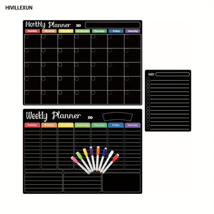 Black Magnetic Dry Erase Board Set 3-Pack – Monthly Weekly Daily Planner Boards for Fridge & Wall, Family Organizer Calendar with 8 Dry Erase Markers, Home Office Kitchen School