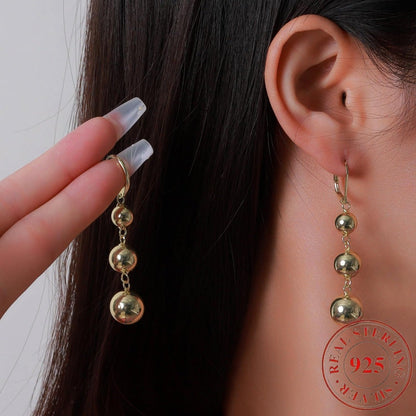 S925 Sterling Silver Triple Ball Drop Dangle Earrings for Women – Retro French Long Design, Elegant Vintage Style, Gold & Silver Tone