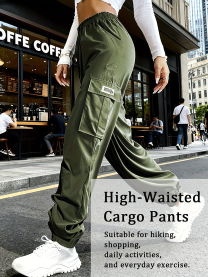 Women's Cargo Pants with Zippered Pockets – Elastic Drawstring Waist Large Pocket Casual Outdoor Trousers Black Grey Green Blue XS-XXL