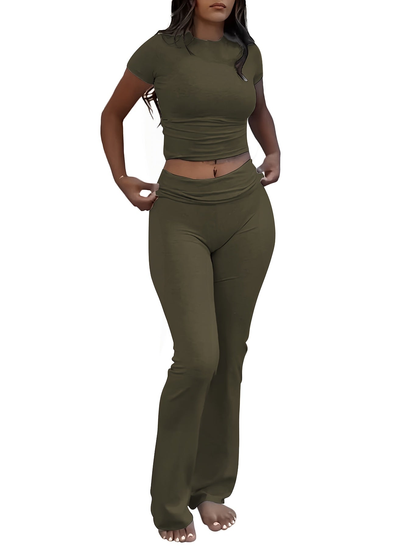 Women's Two-Piece Outfit Set - Slim Fit Short Sleeve Crew Neck T-Shirt & Skinny Flared Leg Pants, Casual Solid Color Matching Loungewear Tracksuit for Everyday Streetwear, Sizes XS-XL