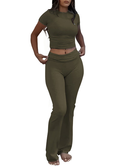 Women's Two-Piece Outfit Set - Slim Fit Short Sleeve Crew Neck T-Shirt & Skinny Flared Leg Pants, Casual Solid Color Matching Loungewear Tracksuit for Everyday Streetwear, Sizes XS-XL