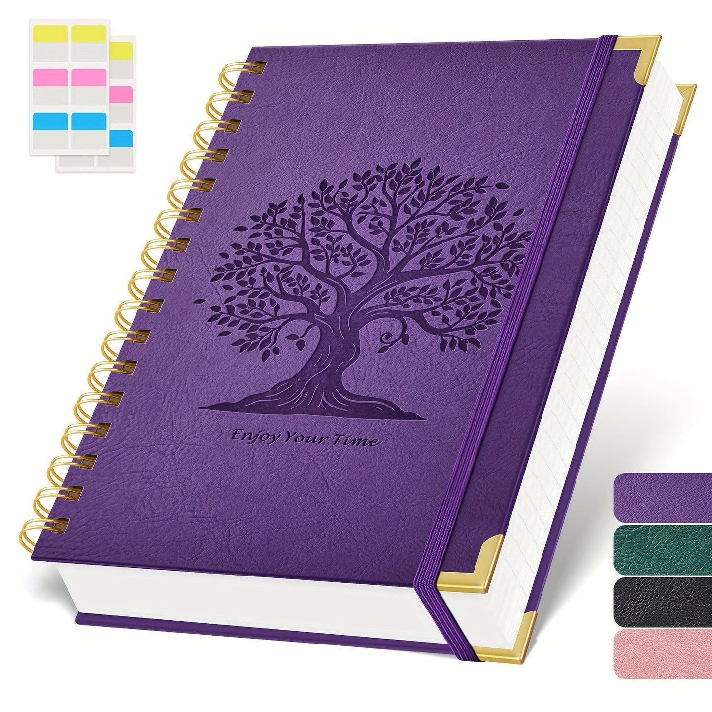 A5 Spiral Notebook Hardcover 300 Pages – Thick 100GSM No Bleed-Through Paper, Leather Cover Journal for College, Work & Writing – For Men & Women (Pink, Black, Green, Purple)